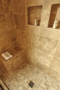Shower bench and recessed shelving
